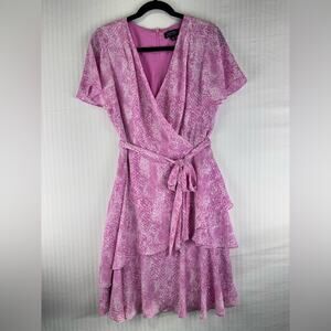 Tahari Arthur Levine Pink Snakeskin Print Ruffle Wrap V-Neck Mini Dress Size 10